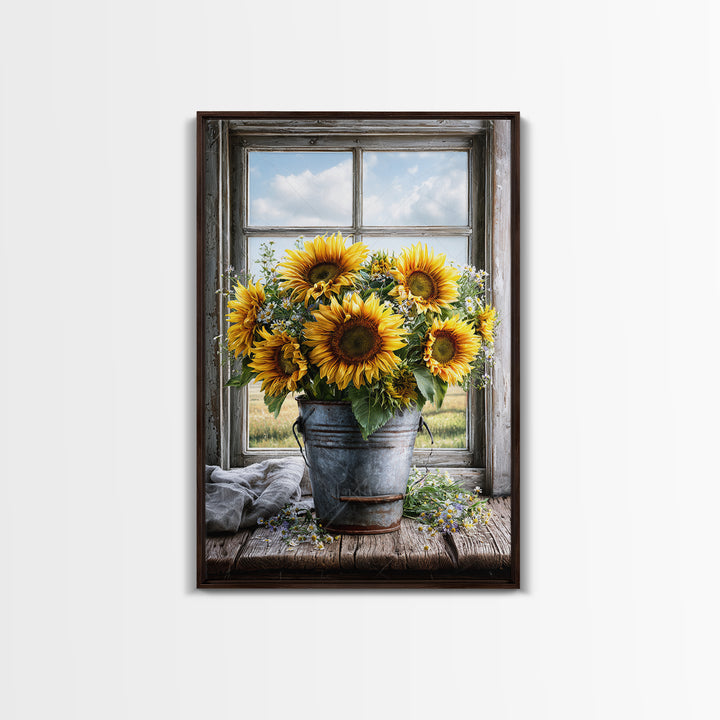 Sunflowers in a Metal Bucket Framed Canvas Print, Rustic Art, Gallery Decor, Farmhouse Decor, Fine Art, Rustic, RUS-2x3-92