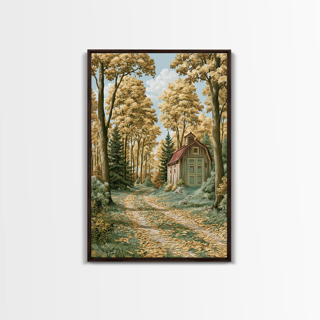 Forest Path with Golden Autumn Leaves Framed Canvas Print, Rustic Art, Painting, Farmhouse Decor, Rustic, Boho Wall Art, RUS-2x3-98