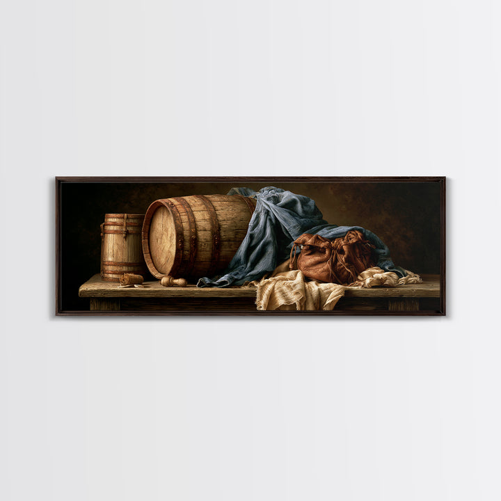 Whiskey Barrel and Leather Still Life Canvas Print, Rustic Art, Landscape Art, Farmhouse Decor, Watercolor Art, Rustic, RUS-3x1-11