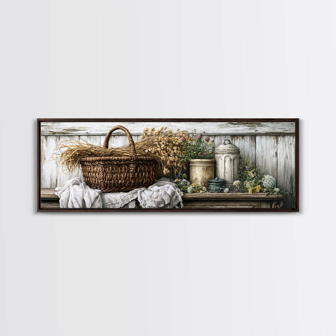 Handwoven Basket with Dried Grasses Canvas Print, Rustic Art, Wood Art, Farmhouse Decor, Fine Art, Rustic, Wall Decor, RUS-3x1-16
