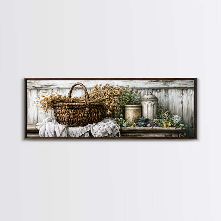 Handwoven Basket with Dried Grasses Canvas Print, Rustic Art, Wood Art, Farmhouse Decor, Fine Art, Rustic, Wall Decor, RUS-3x1-16