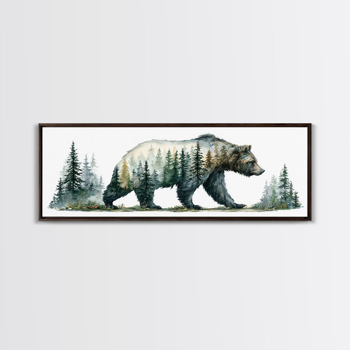 Bear Silhouette Among Pine Trees Framed Canvas Print, Rustic Art, Statement Artwork, Farmhouse Decor, Fine Art, Rustic, RUS-3x1-23