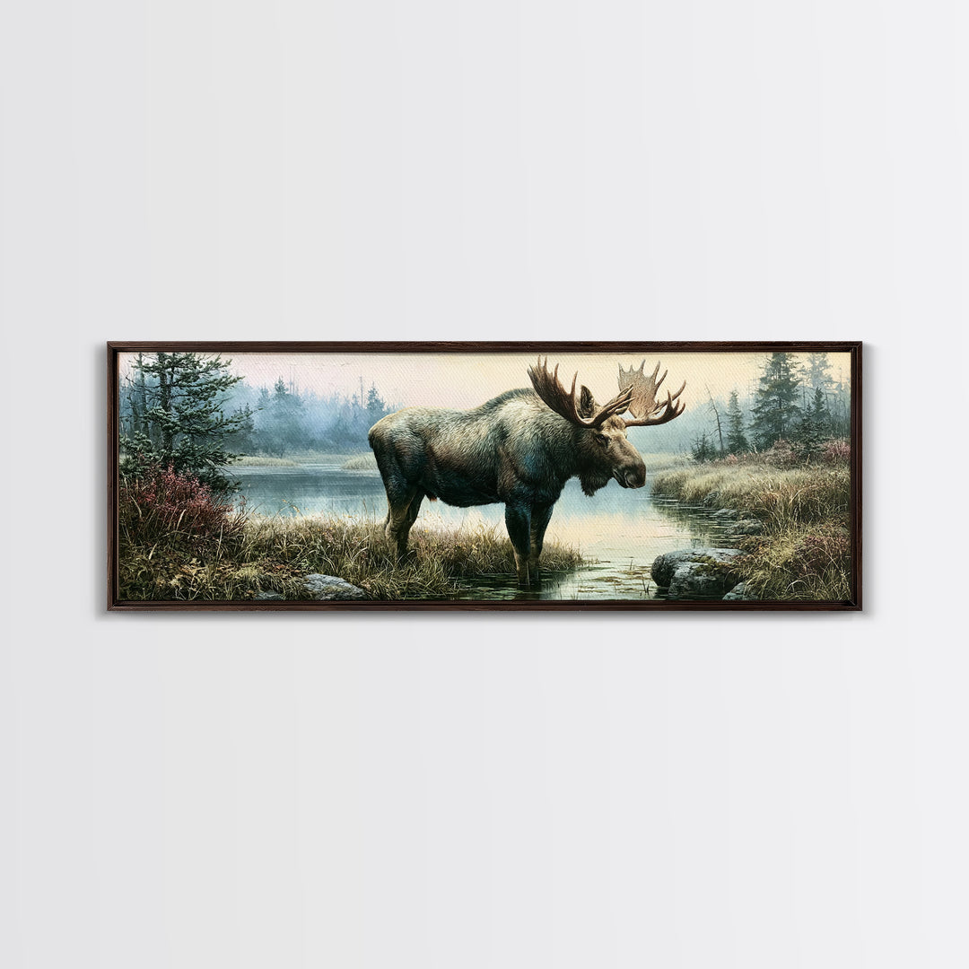 Moose Standing by a Quiet Lake Canvas Print, Rustic Art, Wood Art, Farmhouse Decor, Fine Art, Rustic, Wall Decor, Neutral Decor, RUS-3x1-25