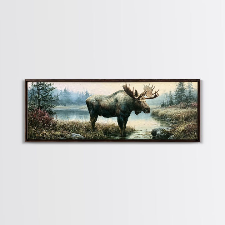 Moose Standing by a Quiet Lake Canvas Print, Rustic Art, Wood Art, Farmhouse Decor, Fine Art, Rustic, Wall Decor, Neutral Decor, RUS-3x1-25