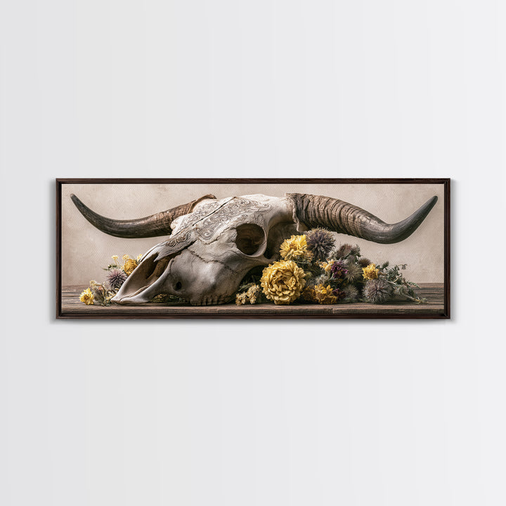 Cow Skull with Desert Flowers Canvas Print, Rustic Art, Boho Wall Art, Farmhouse Decor, Oil Painting, Rustic, Downloadable Art, RUS-3x1-33