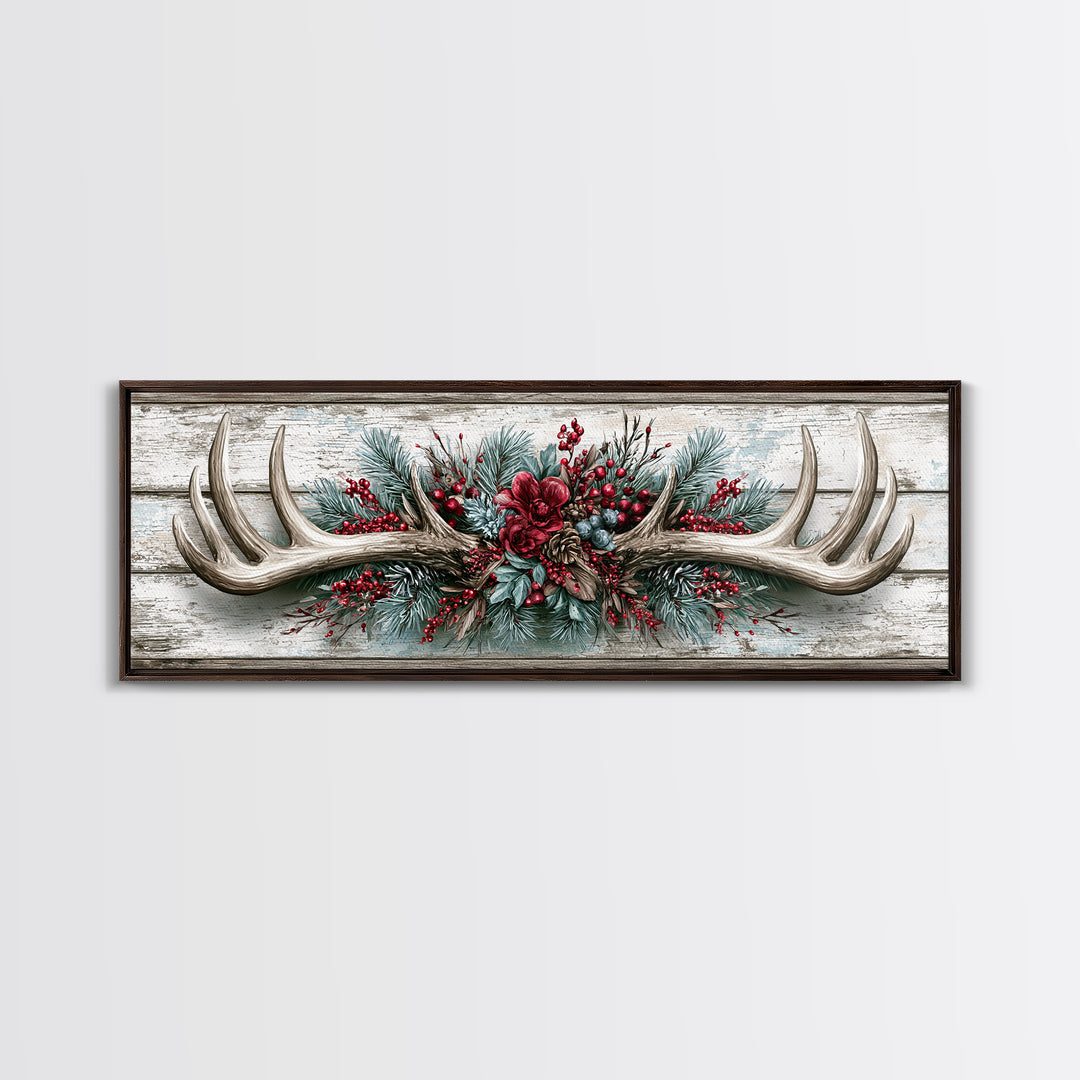 Deer Antlers with Pine Branches and Berries Canvas Print, Rustic Art, Abstract Wall Art, Farmhouse Decor, Watercolor Art, RUS-3x1-42