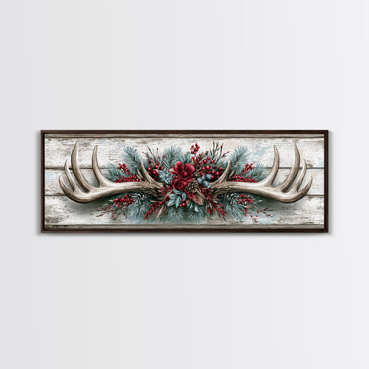 Deer Antlers with Pine Branches and Berries Canvas Print, Rustic Art, Abstract Wall Art, Farmhouse Decor, Watercolor Art, RUS-3x1-42