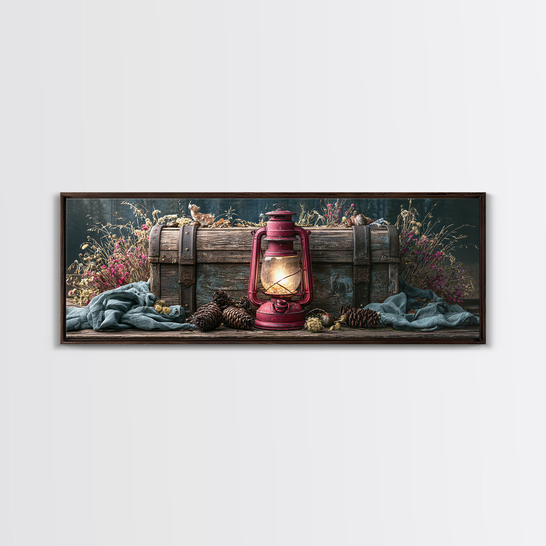 Rustic Lantern Glowing Beside Pinecones Framed Canvas Print, Rustic Art, Wall Decor, Farmhouse Decor, Fine Art, Rustic, RUS-3x1-44