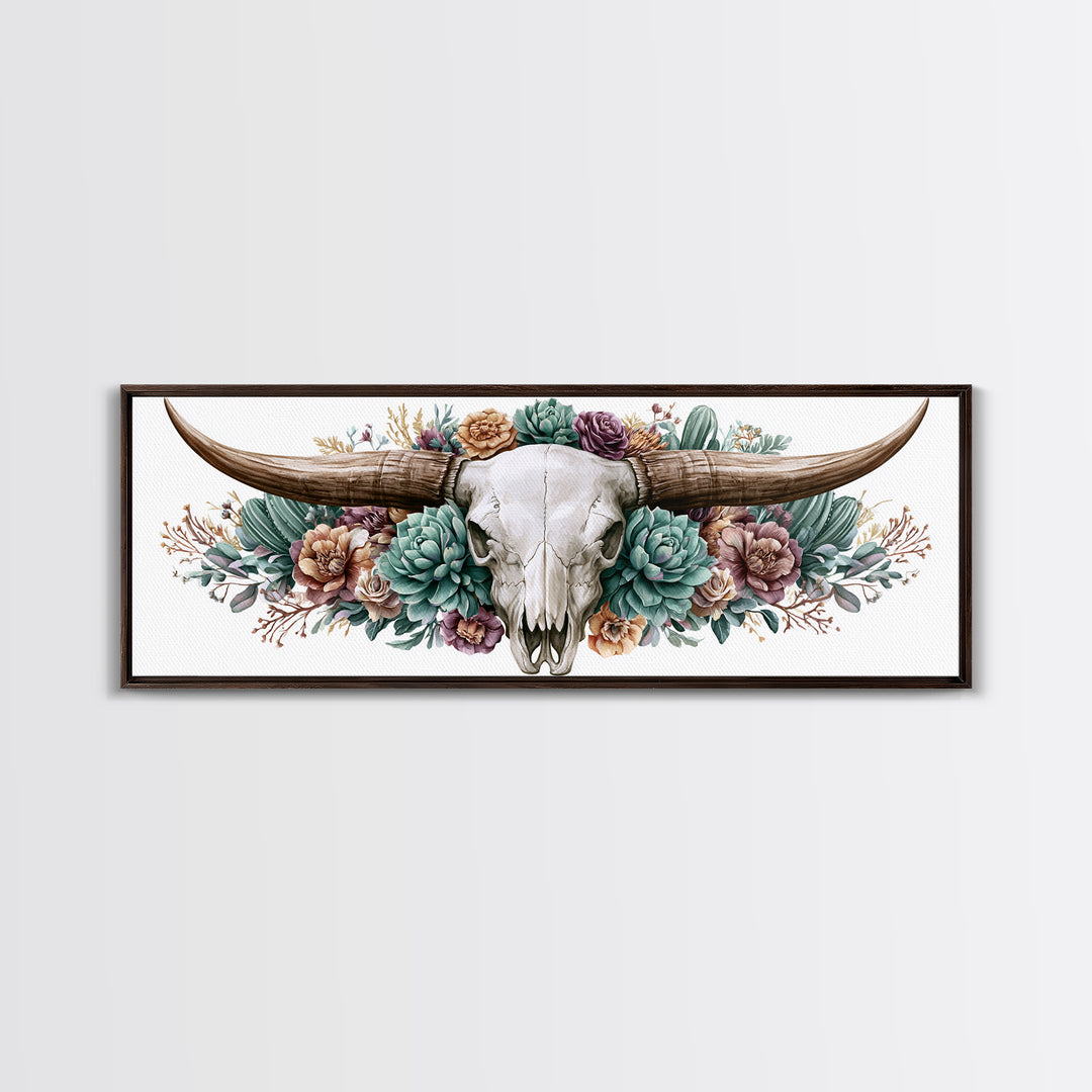 Cow Skull with Desert Flowers Framed Canvas Print, Rustic Art, Landscape Painting, Farmhouse Decor, Watercolor Art, Rustic, RUS-3x1-57