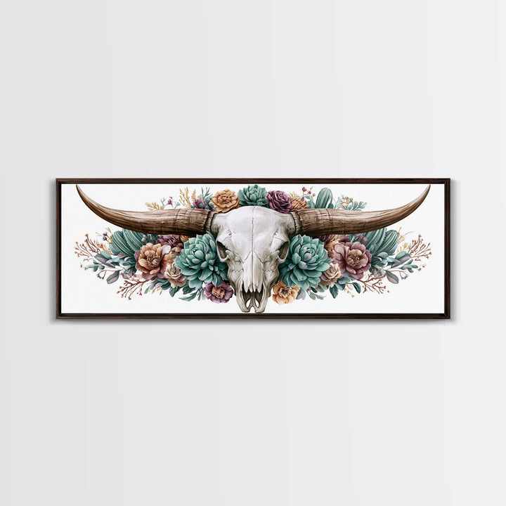 Cow Skull with Desert Flowers Framed Canvas Print, Rustic Art, Landscape Painting, Farmhouse Decor, Watercolor Art, Rustic, RUS-3x1-57