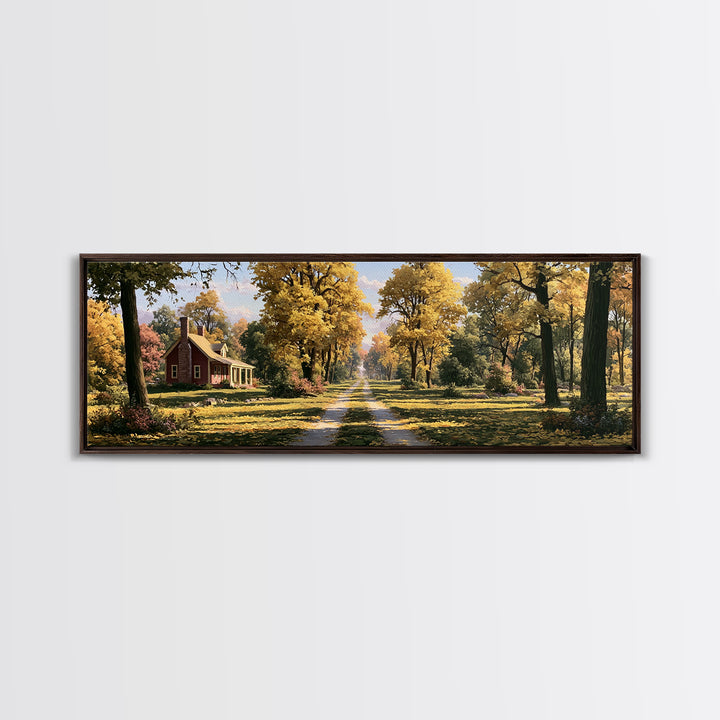 Forest Path with Golden Autumn Leaves Framed Canvas Print, Rustic Art, Farmhouse Decor, Oil Painting, Rustic, Gallery Wall Art, RUS-3x1-58