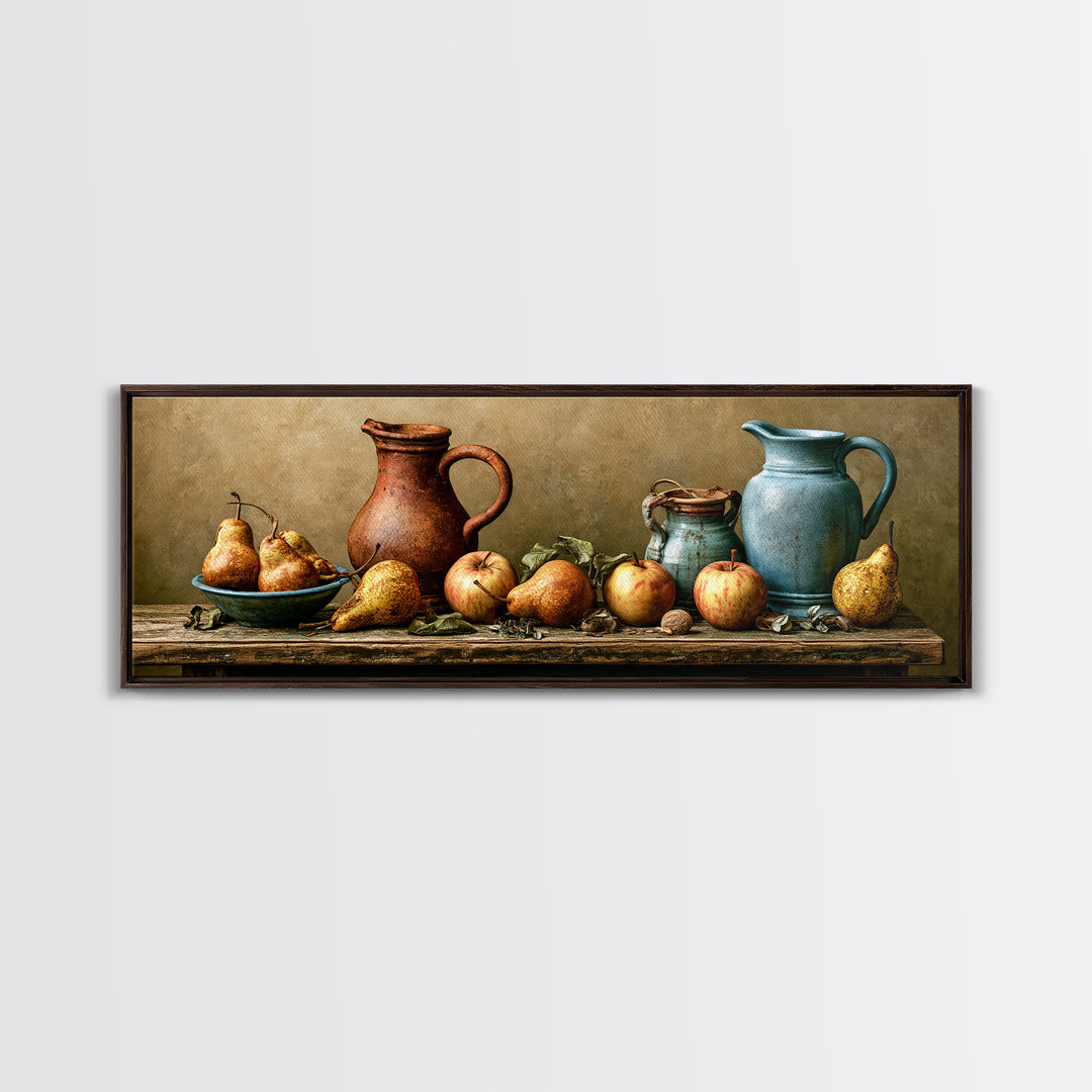 Rustic Pear and Apple Still Life Canvas Print, Rustic Art, Eclectic Wall Art, Farmhouse Decor, Oil Painting, Rustic, RUS-3x1-61