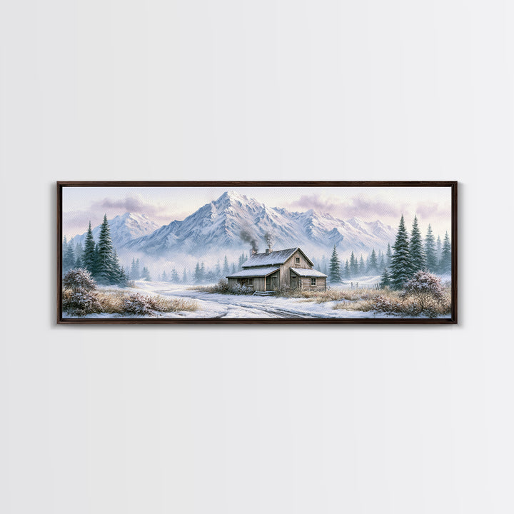 Winter Mountain Scene Framed Canvas Print, Rustic Art, Room Decor, Farmhouse Decor, Fine Art, Rustic, Oil Painting, RUS-3x1-63