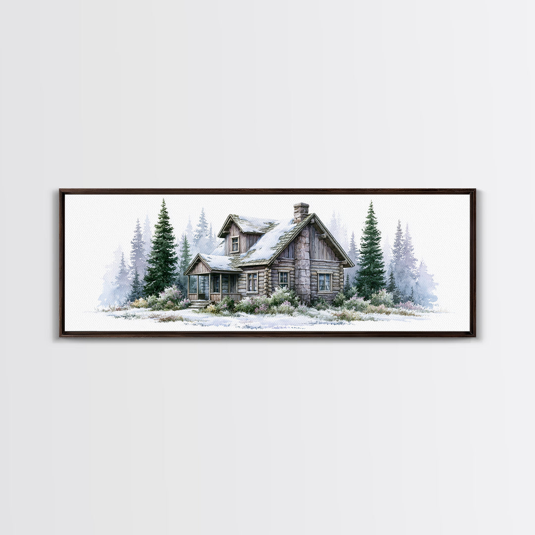 Log Cabin with Snowy Pines Framed Canvas Print, Rustic Art, Wall Decor, Farmhouse Decor, Fine Art, Rustic, Wall Art, Home Decor, RUS-3x1-7