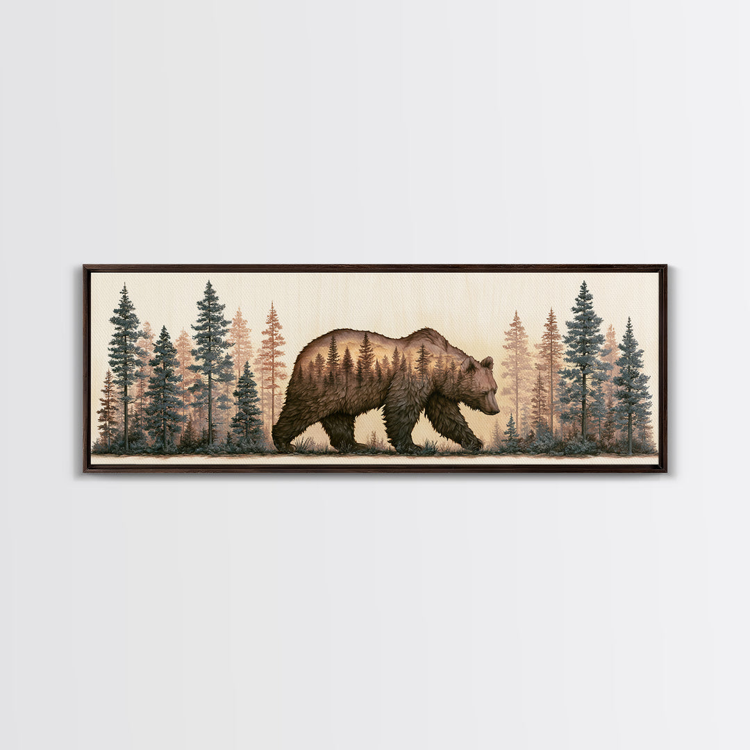 Bear Silhouette Among Pine Trees Canvas Print, Rustic Art, Digital Print, Farmhouse Decor, Fine Art, Rustic, Landscape Painting, RUS-3x1-71
