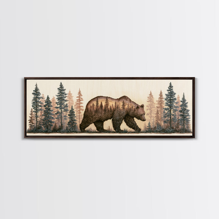 Bear Silhouette Among Pine Trees Canvas Print, Rustic Art, Digital Print, Farmhouse Decor, Fine Art, Rustic, Landscape Painting, RUS-3x1-71