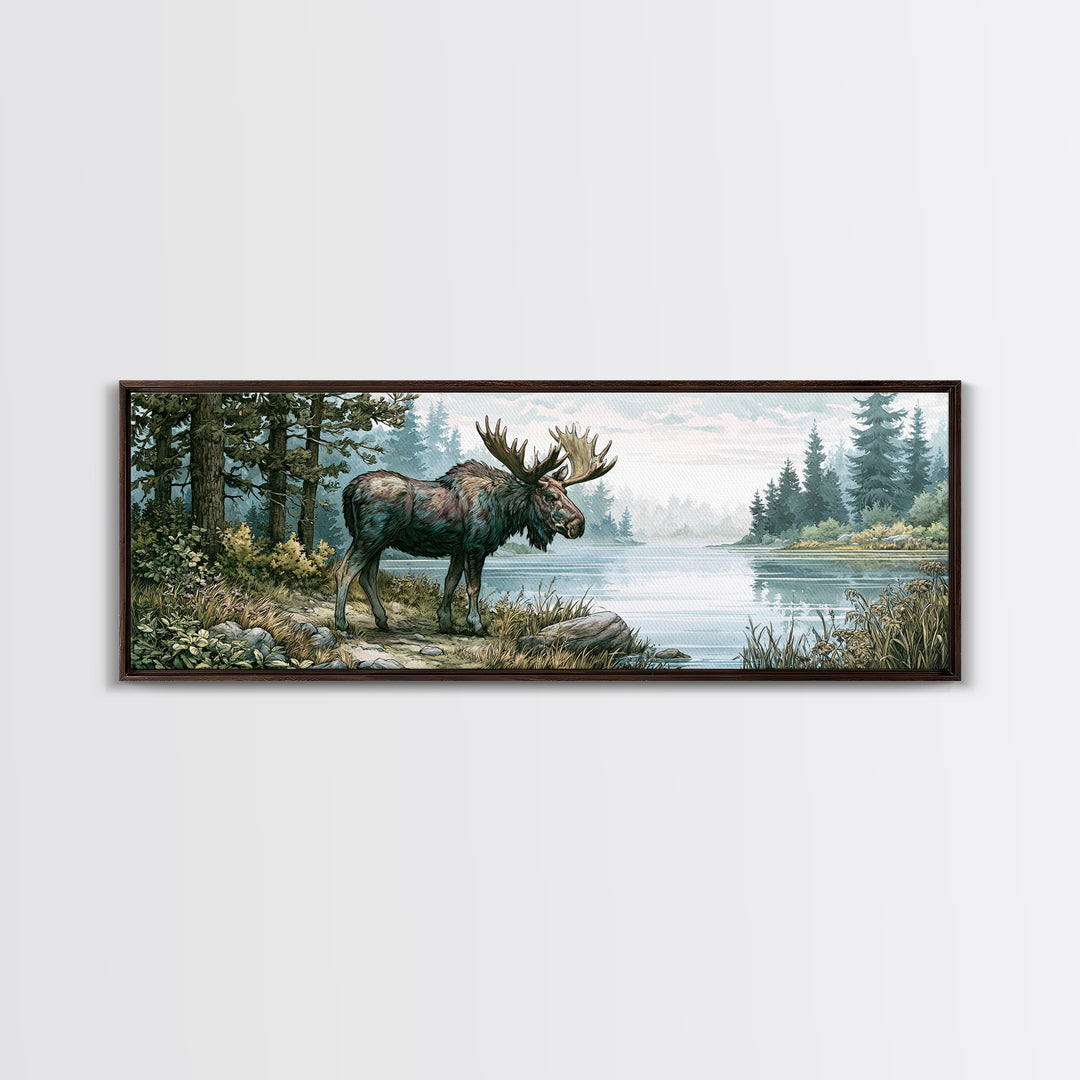 Moose Standing by a Quiet Lake Framed Canvas Print, Rustic Art, Gallery Wall Art, Farmhouse Decor, Oil Painting, Rustic, RUS-3x1-73