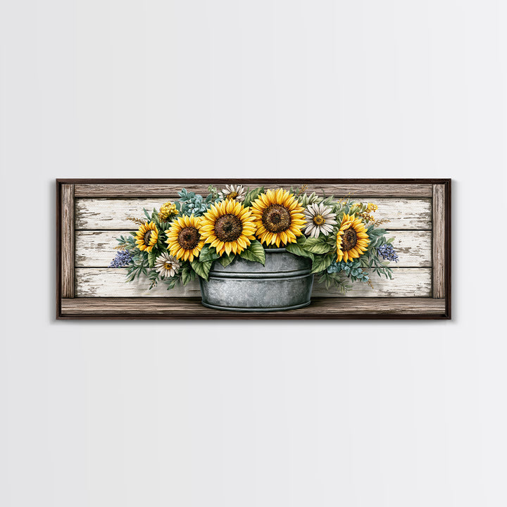 Sunflowers in a Metal Bucket Canvas Print, Rustic Art, Home Decor, Farmhouse Decor, Oil Painting, Rustic, Living Room Decor, RUS-3x1-76