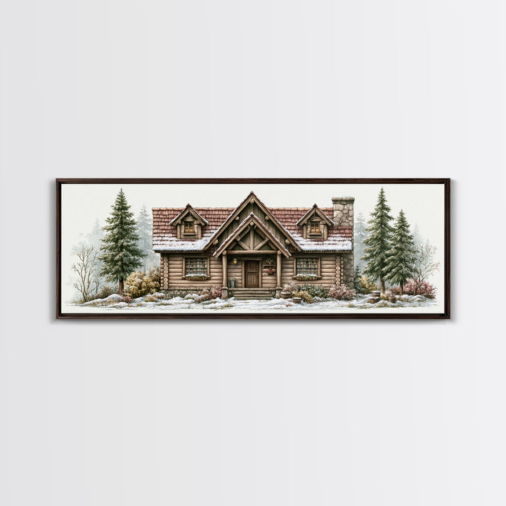 Log Cabin with Snowy Pines Framed Canvas Print, Rustic Art, Printable Art, Farmhouse Decor, Oil Painting, Rustic, RUS-3x1-79