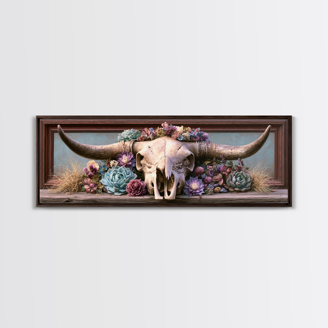 Cow Skull with Desert Flowers Framed Canvas Print, Rustic Art, Landscape Painting, Farmhouse Decor, Watercolor Art, Rustic, RUS-3x1-81