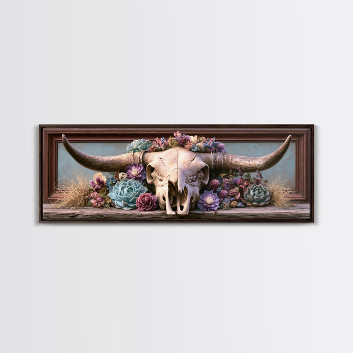 Cow Skull with Desert Flowers Framed Canvas Print, Rustic Art, Landscape Painting, Farmhouse Decor, Watercolor Art, Rustic, RUS-3x1-81