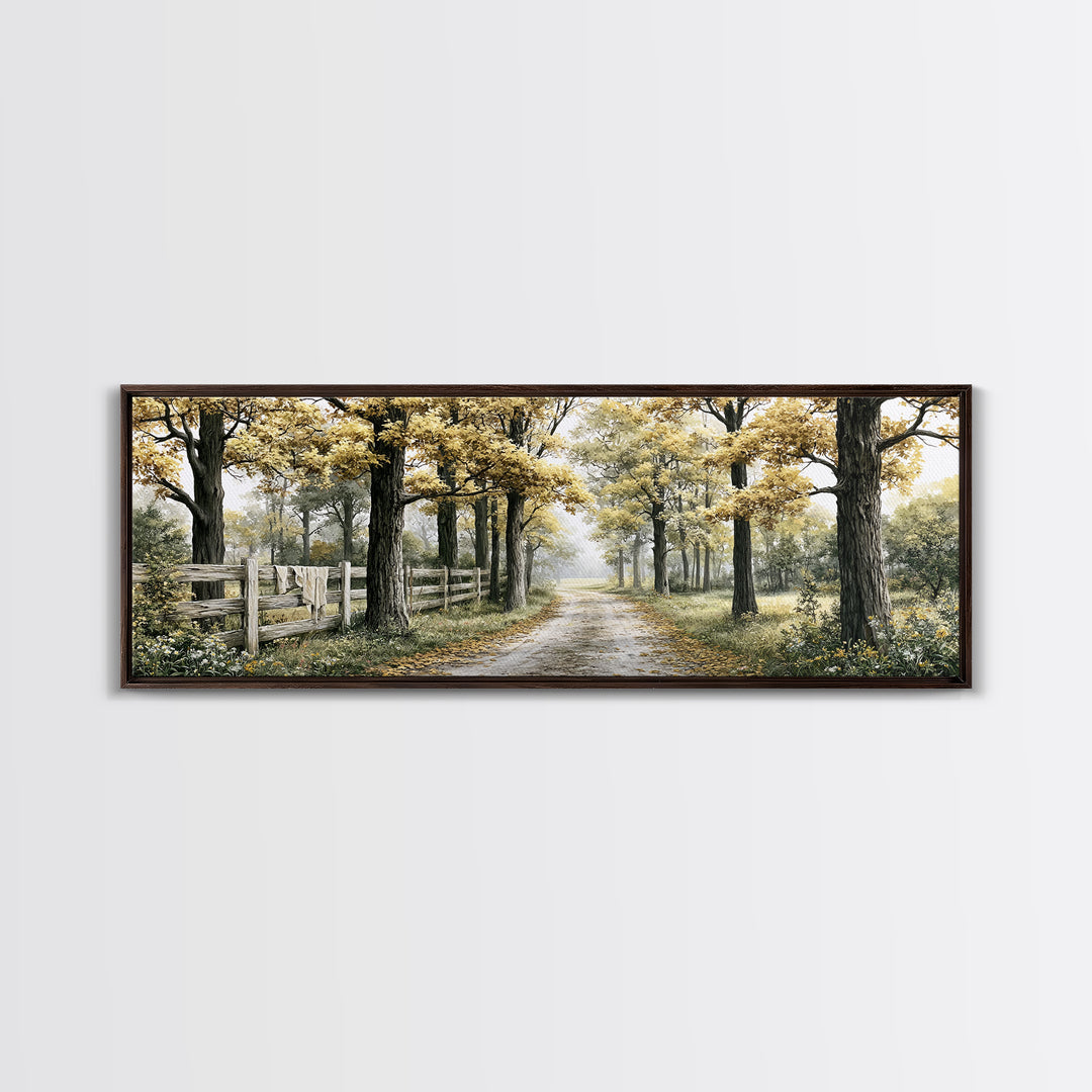 Forest Path with Golden Autumn Leaves Framed Canvas Print, Rustic Art, Farmhouse Decor, Oil Painting, Rustic, Gallery Wall Art, RUS-3x1-82