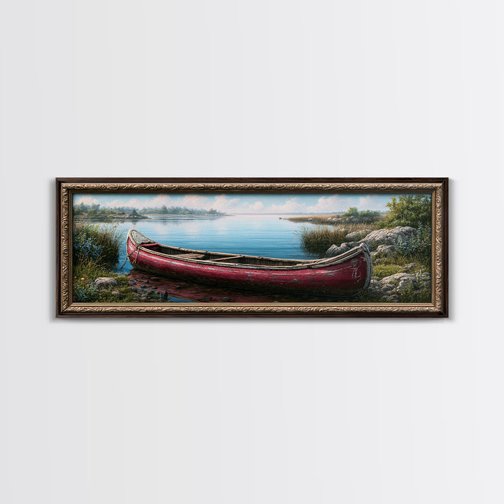 Old Canoe Pulled Onto a Lake Shore Framed Canvas Print, Rustic Art, Painting, Farmhouse Decor, Fine Art, Rustic, Boho Wall Art, RUS-3x1-84