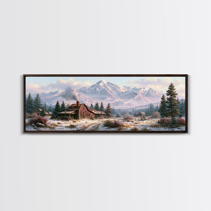 Winter Mountain Scene Framed Canvas Print, Rustic Art, Printable Wall Art, Farmhouse Decor, Watercolor Art, Rustic, Wood Art, RUS-3x1-87