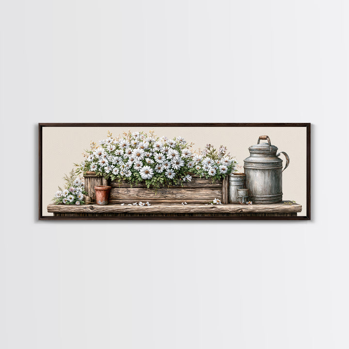 Weathered Barn Wood and Wildflower Still Life Framed Canvas Print, Rustic Art, Living Room Art, Farmhouse Decor, Rustic, RUS-3x1-89