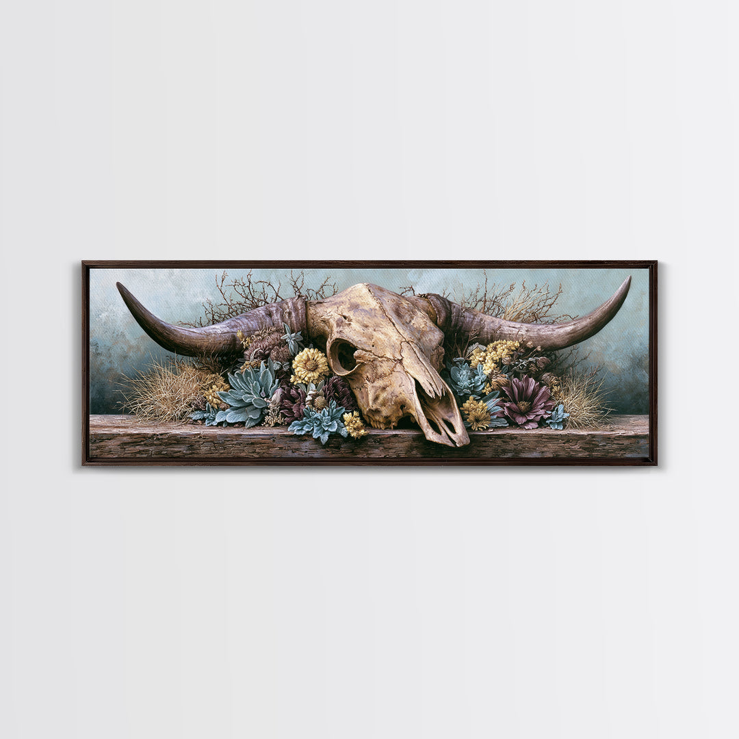 Cow Skull with Desert Flowers Framed Canvas Print, Rustic Art, Wood Wall Art, Farmhouse Decor, Rustic, Eclectic Wall Art, RUS-3x1-9