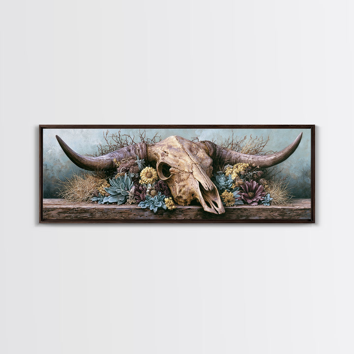 Cow Skull with Desert Flowers Framed Canvas Print, Rustic Art, Wood Wall Art, Farmhouse Decor, Rustic, Eclectic Wall Art, RUS-3x1-9