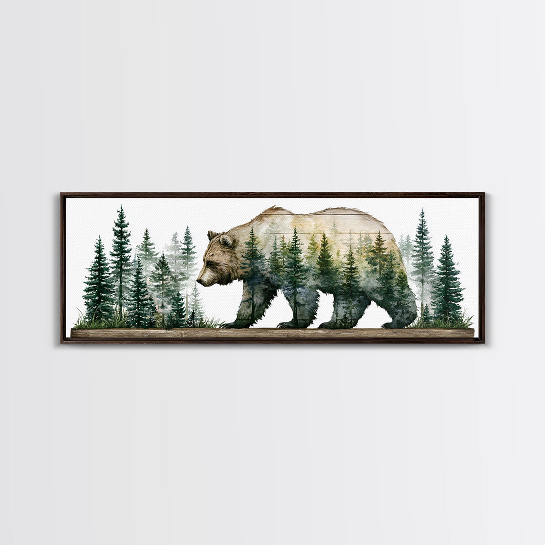 Bear Silhouette Among Pine Trees Canvas Print, Rustic Art, Textured Painting, Farmhouse Decor, Oil Painting, Rustic, RUS-3x1-95