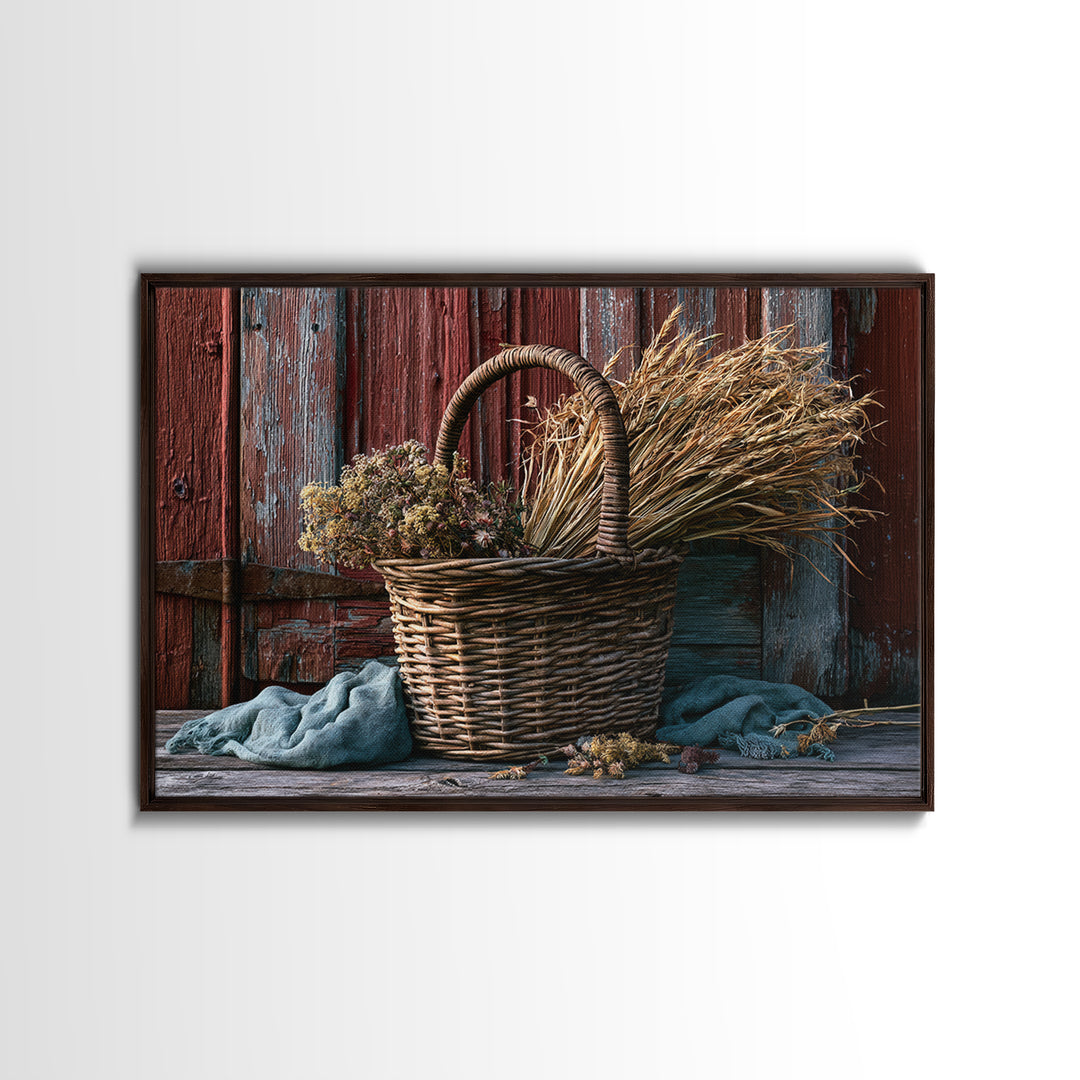 Handwoven Basket with Dried Grasses Framed Canvas Print, Rustic Art, Modern Decor, Farmhouse Decor, Oil Painting, Rustic, RUS-3x2-100