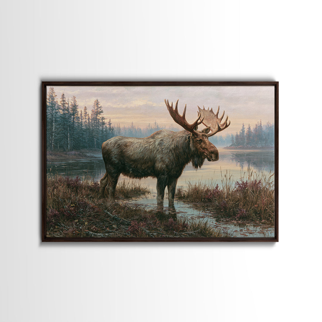 Moose Standing by a Quiet Lake Framed Canvas Print, Rustic Art, Boho Wall Art, Farmhouse Decor, Rustic, Downloadable Art, RUS-3x2-13