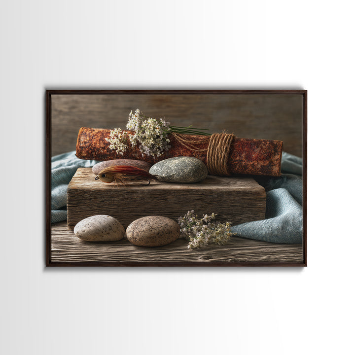 Trout Fishing Lure and River Stones Framed Canvas Print, Rustic Art, Oil Painting, Farmhouse Decor, Fine Art, Rustic, RUS-3x2-18