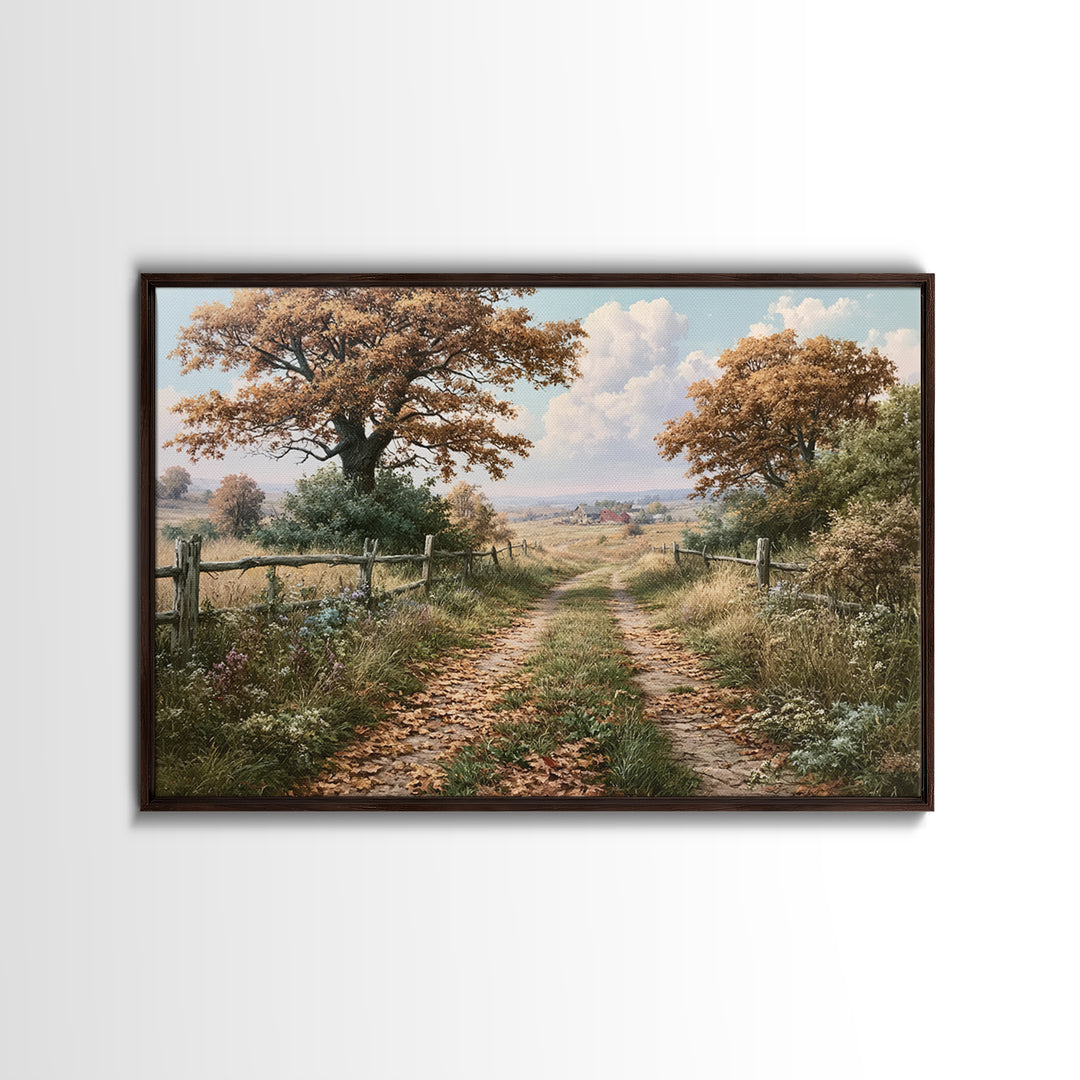 Forest Path with Golden Autumn Leaves Canvas Print, Rustic Art, Digital Print, Farmhouse Decor, Rustic, Landscape Painting, RUS-3x2-22