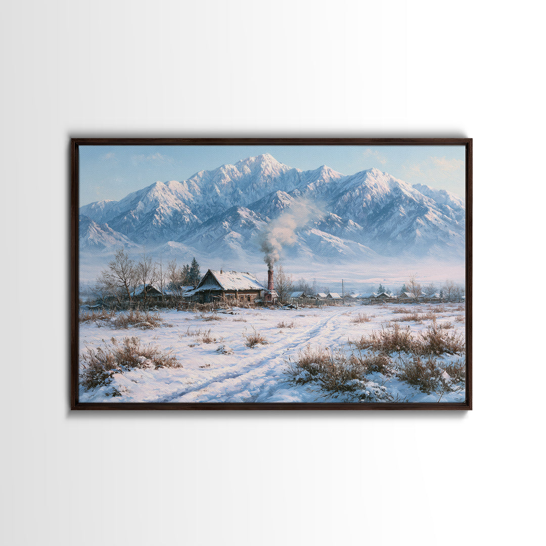 Winter Mountain Scene Framed Canvas Print, Rustic Art, Wood Art, Farmhouse Decor, Fine Art, Rustic, Wall Decor, Neutral Decor, RUS-3x2-27