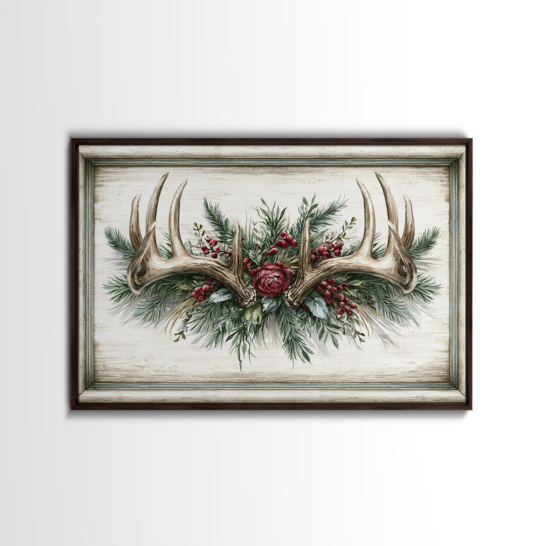 Deer Antlers with Pine Branches and Berries Canvas Print, Rustic Art, 3d Wall Art, Farmhouse Decor, Oil Painting, Rustic, RUS-3x2-30