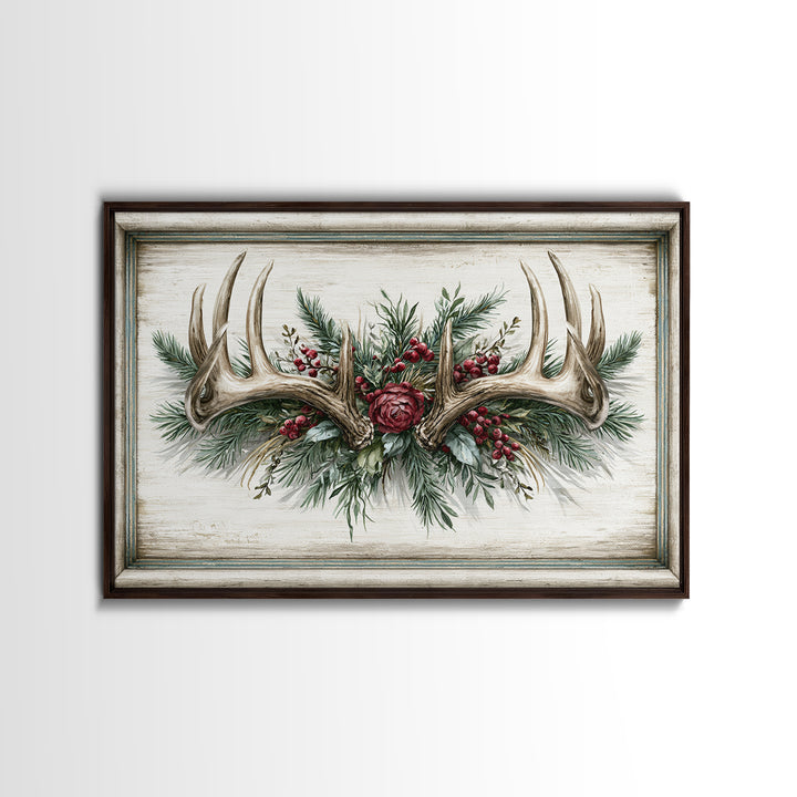 Deer Antlers with Pine Branches and Berries Canvas Print, Rustic Art, 3d Wall Art, Farmhouse Decor, Oil Painting, Rustic, RUS-3x2-30