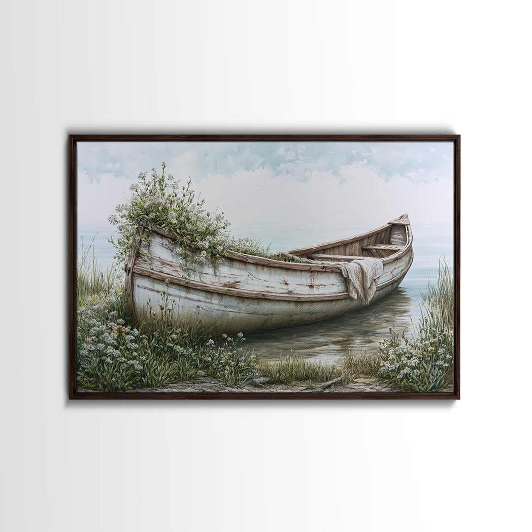 Old Canoe Pulled Onto a Lake Shore Canvas Print, Rustic Art, Landscape Painting, Farmhouse Decor, Rustic, Modern Decor, RUS-3x2-48