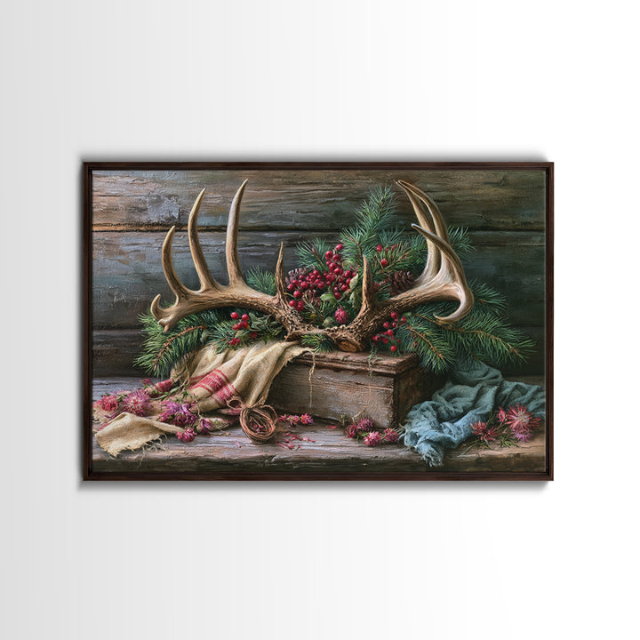 Deer Antlers with Pine Branches and Berries Canvas Print, Rustic Art, 3d Wall Art, Farmhouse Decor, Oil Painting, Rustic, RUS-3x2-54