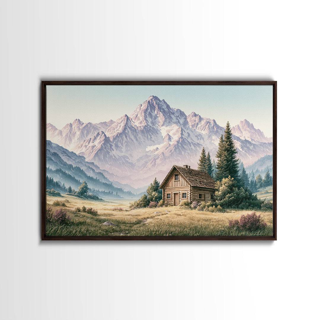 Mountain Cabin Landscape Framed Canvas Print, Rustic Art, Painting, Farmhouse Decor, Fine Art, Rustic, Boho Wall Art, RUS-3x2-55