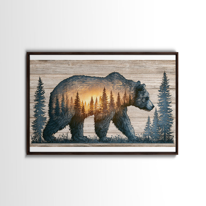 Bear Silhouette Among Pine Trees Framed Canvas Print, Rustic Art, Luxury Decor, Farmhouse Decor, Oil Painting, Rustic, RUS-3x2-59