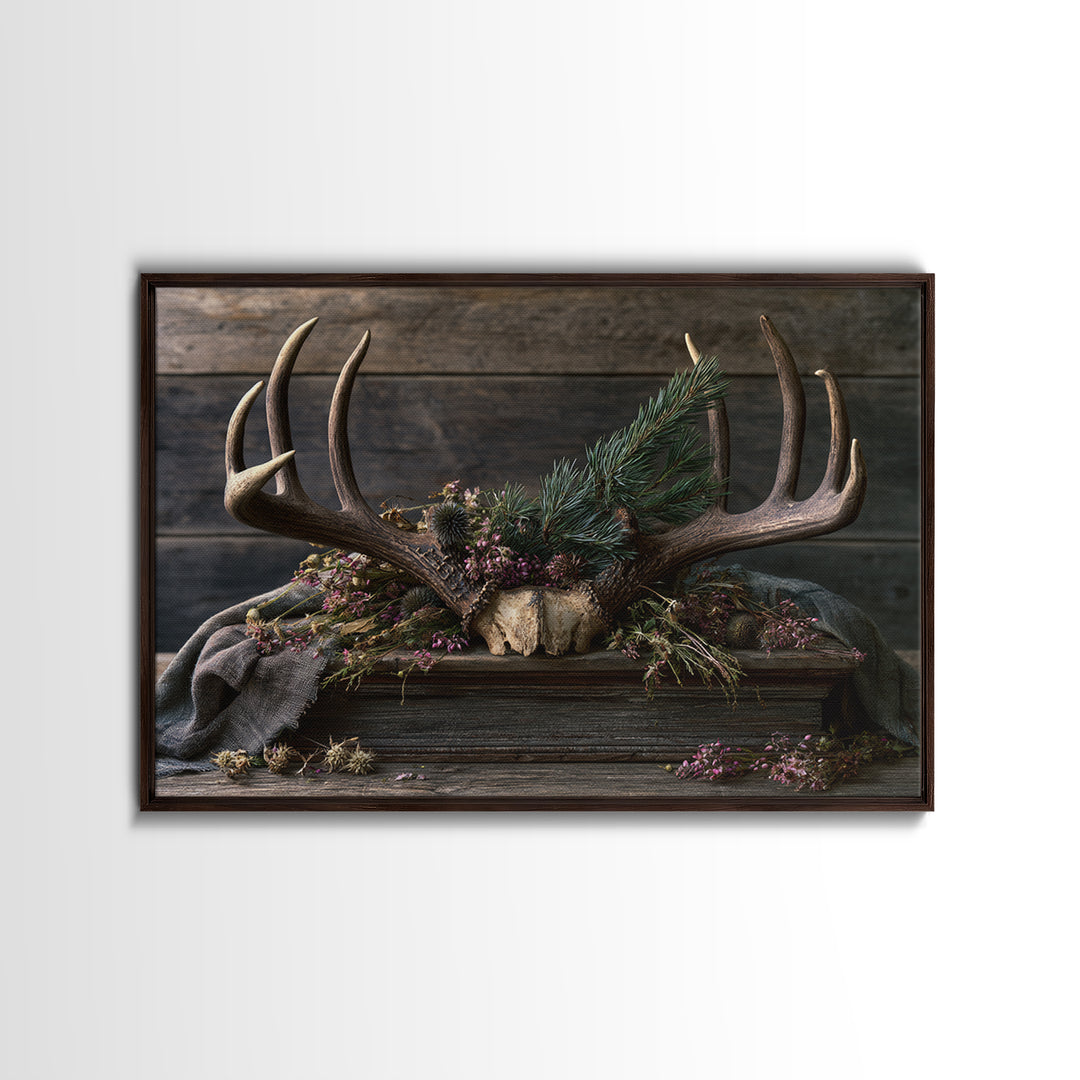 Deer Antlers with Pine Branches and Berries Framed Canvas Print, Rustic Art, Printable Art, Farmhouse Decor, Fine Art, Rustic, RUS-3x2-6