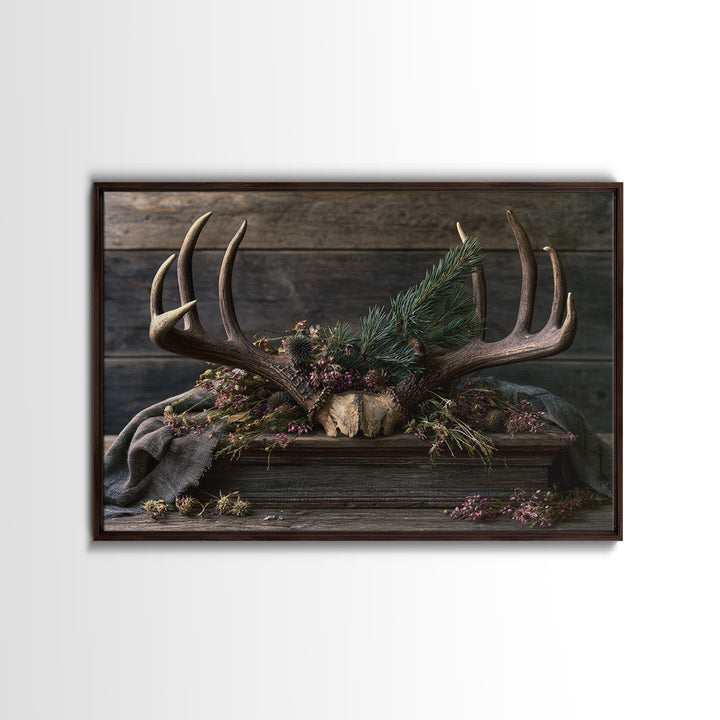 Deer Antlers with Pine Branches and Berries Framed Canvas Print, Rustic Art, Printable Art, Farmhouse Decor, Fine Art, Rustic, RUS-3x2-6