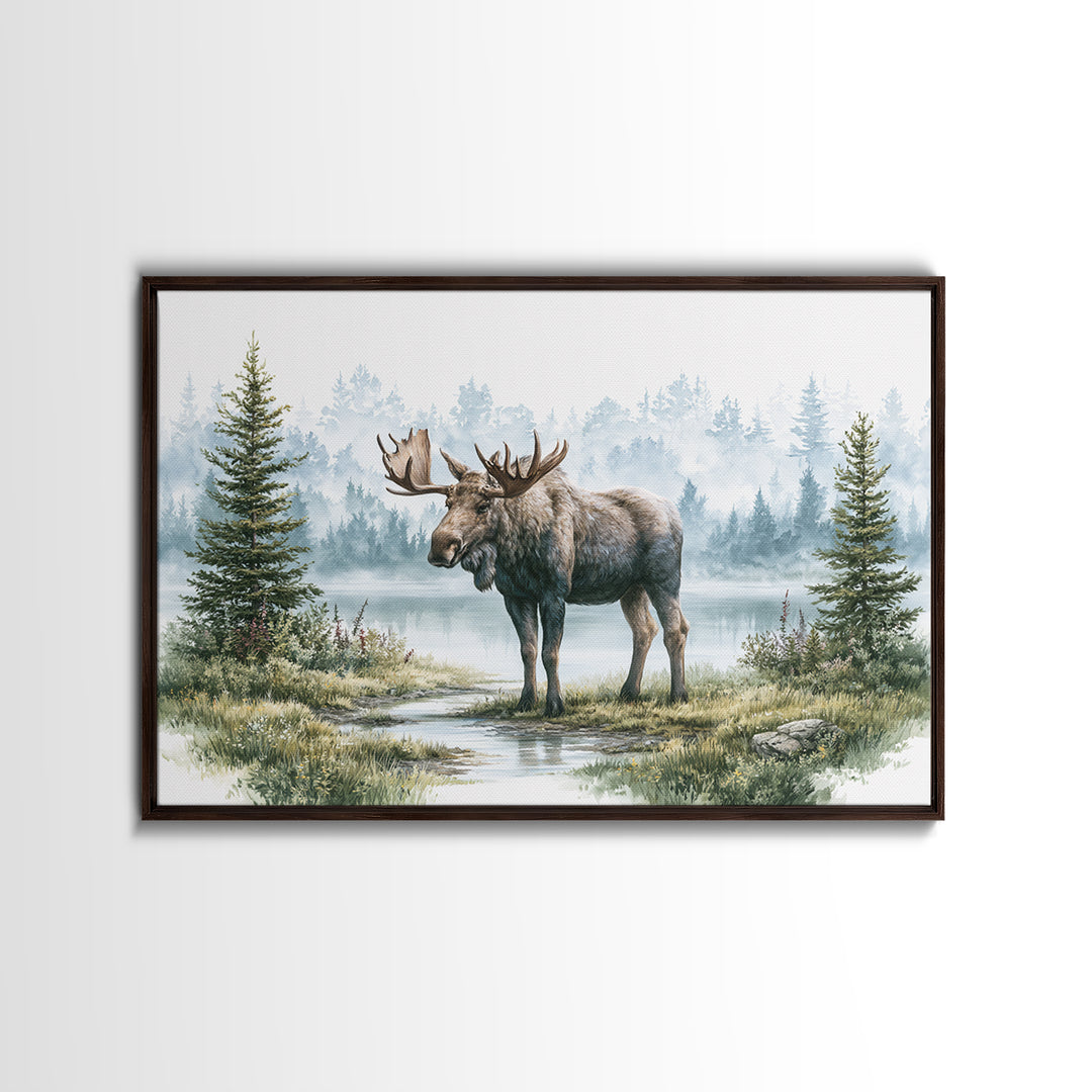 Moose Standing by a Quiet Lake Canvas Print, Rustic Art, Landscape Painting, Farmhouse Decor, Fine Art, Rustic, Modern Decor, RUS-3x2-61