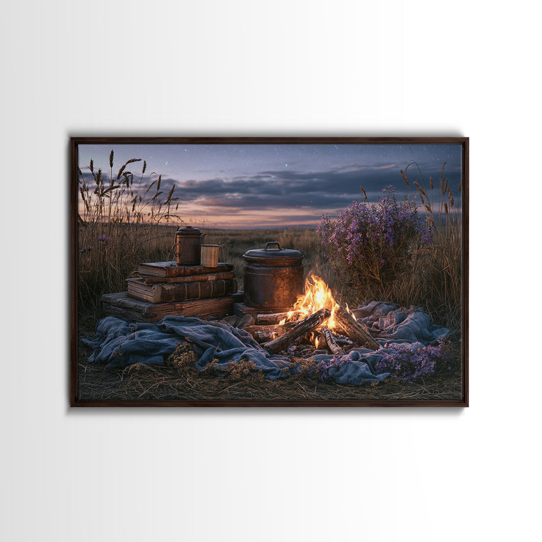 Campfire under a Starry Sky Canvas Print, Rustic Art, Farmhouse Decor, Fine Art, Rustic, Gallery Wall Art, Landscape Wall Art, RUS-3x2-62