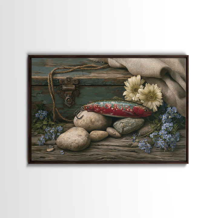 Trout Fishing Lure and River Stones Canvas Print, Rustic Art, Living Room Decor, Farmhouse Decor, Rustic, Landscape Wall Art, RUS-3x2-66