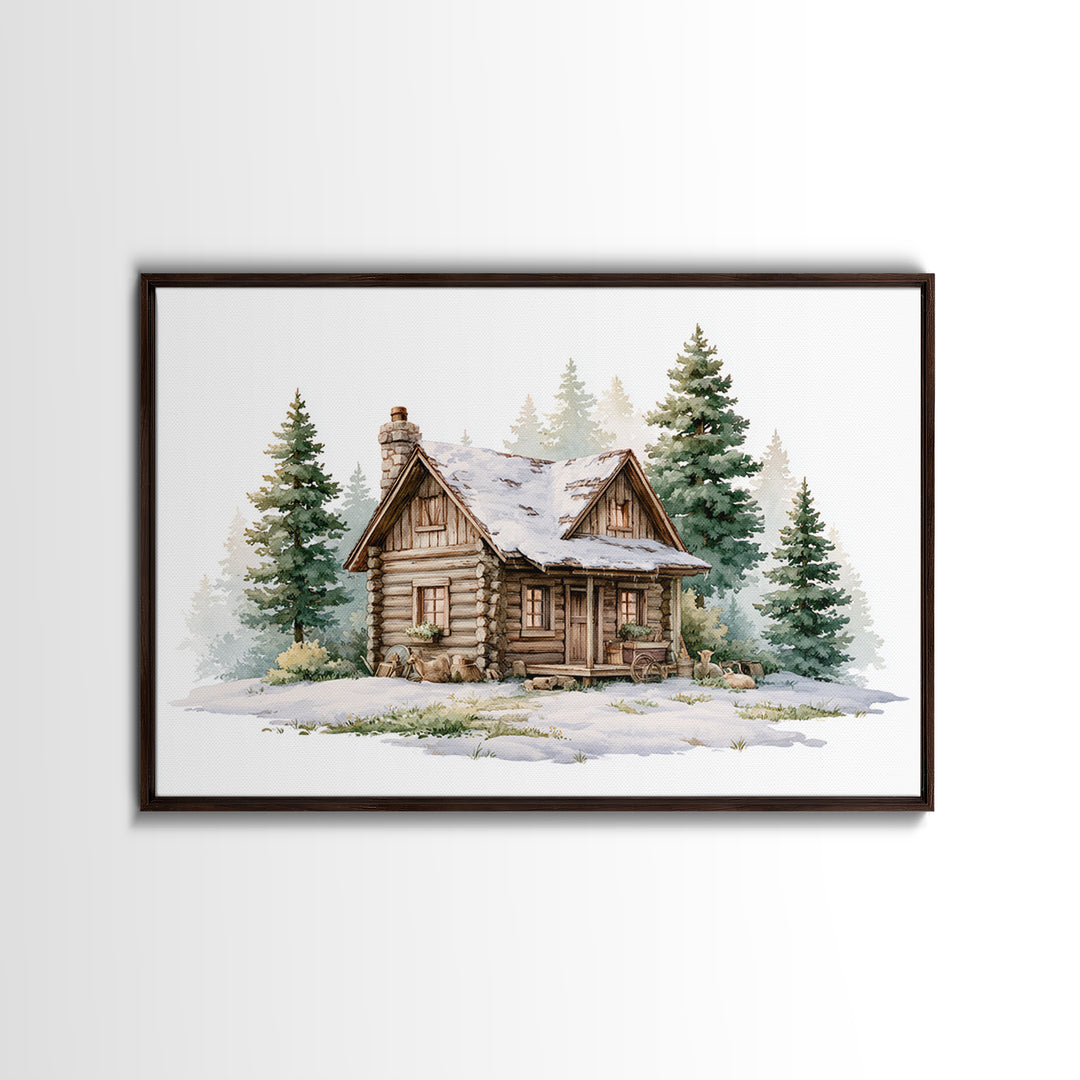Log Cabin with Snowy Pines Canvas Print, Rustic Art, Textured Painting, Farmhouse Decor, Watercolor Art, Rustic, Digital Print, RUS-3x2-67