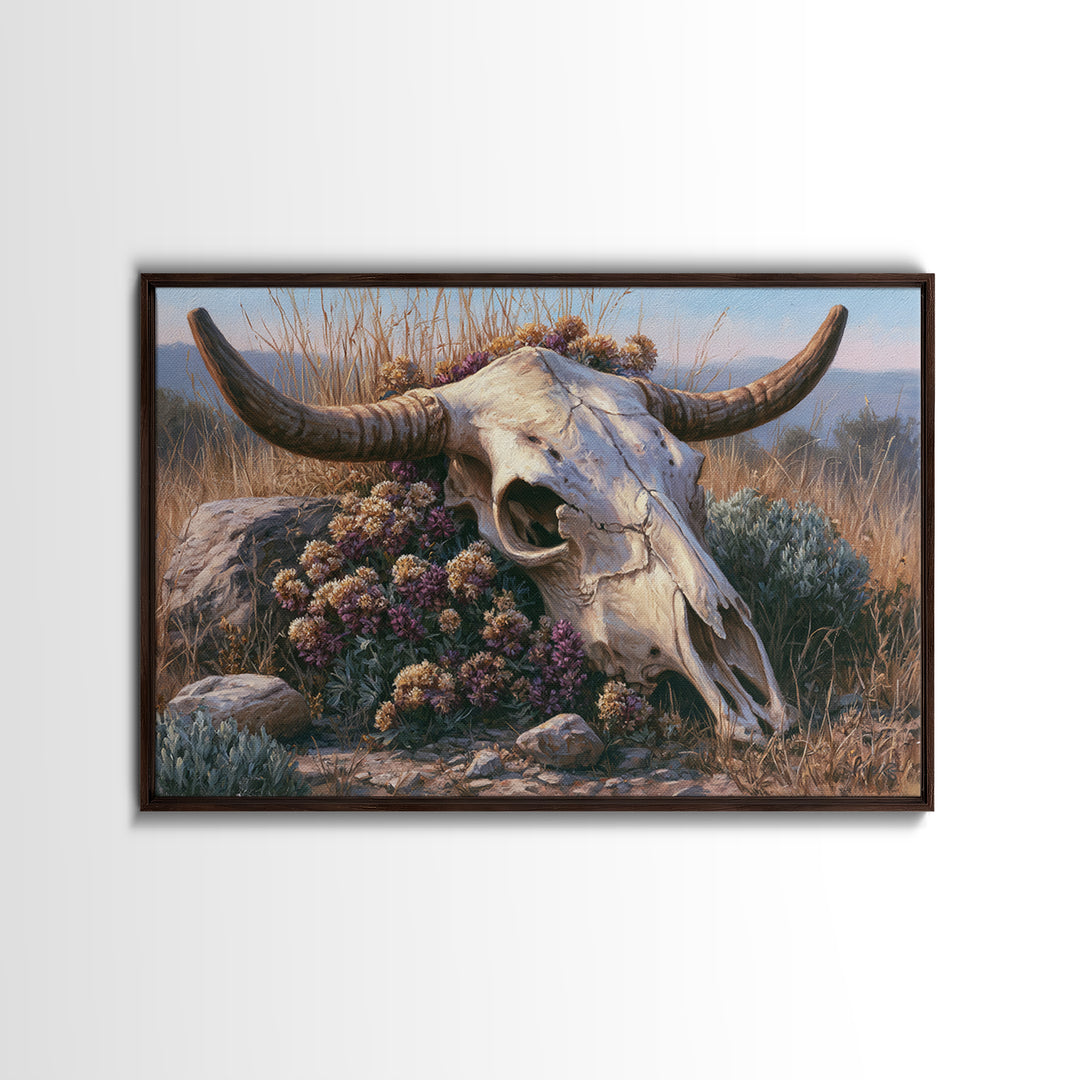 Cow Skull with Desert Flowers Framed Canvas Print, Rustic Art, Farmhouse Wall Art, Farmhouse Decor, Fine Art, Rustic, RUS-3x2-69